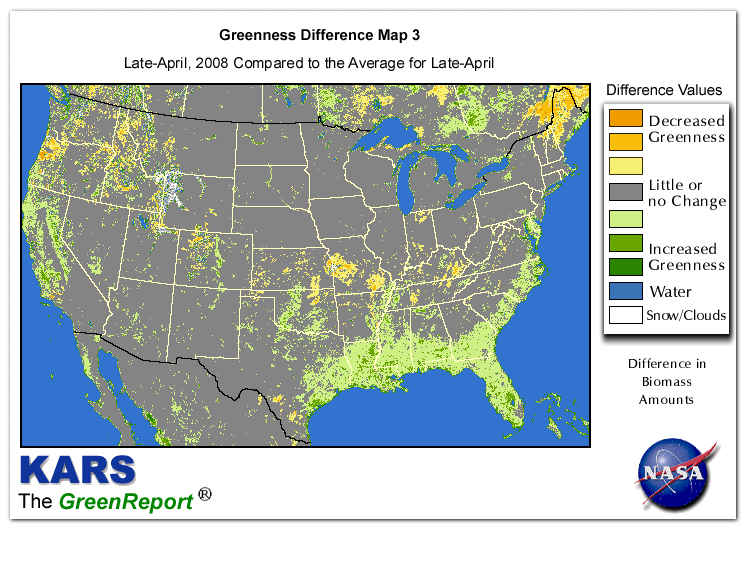 Color-coded U.S. vegetation greeness index map for Period 17 of 2008, illustrating spatial variations in plant vigor, with greener tones indicating higher biomass and browner tones indicating stressed vegetation,
              comparing current crop/vegetation change in biomass to the 20-year greenness average.