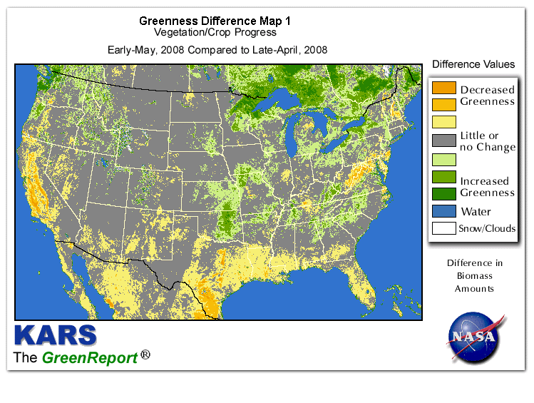 Color-coded U.S. vegetation greeness index map for Period 18 of 2008, illustrating spatial variations in plant vigor, with greener tones indicating higher biomass and browner tones indicating stressed vegetation,
              comparing current crop/vegetation change in biomass to the previous week within the same year.
