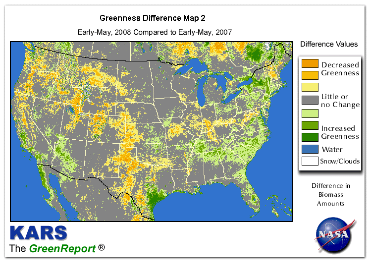Color-coded U.S. vegetation greeness index map for Period 18 of 2008, illustrating spatial variations in plant vigor, with greener tones indicating higher biomass and browner tones indicating stressed vegetation,
              comparing current crop/vegetation change in biomass to same period from the previous year.