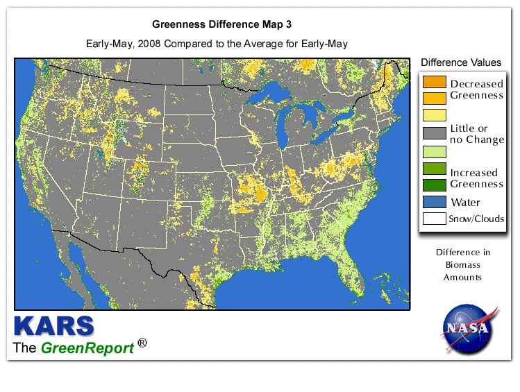 Color-coded U.S. vegetation greeness index map for Period 18 of 2008, illustrating spatial variations in plant vigor, with greener tones indicating higher biomass and browner tones indicating stressed vegetation,
              comparing current crop/vegetation change in biomass to the 20-year greenness average.