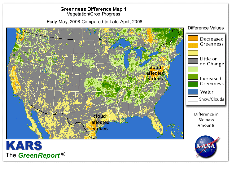 Color-coded U.S. vegetation greeness index map for Period 19 of 2008, illustrating spatial variations in plant vigor, with greener tones indicating higher biomass and browner tones indicating stressed vegetation,
              comparing current crop/vegetation change in biomass to the previous week within the same year.