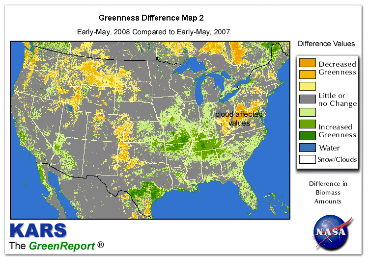 Color-coded U.S. vegetation greeness index map for Period 19 of 2008, illustrating spatial variations in plant vigor, with greener tones indicating higher biomass and browner tones indicating stressed vegetation,
              comparing current crop/vegetation change in biomass to same period from the previous year.