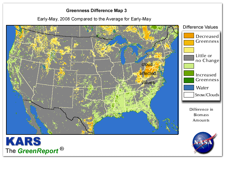 Color-coded U.S. vegetation greeness index map for Period 19 of 2008, illustrating spatial variations in plant vigor, with greener tones indicating higher biomass and browner tones indicating stressed vegetation,
              comparing current crop/vegetation change in biomass to the 20-year greenness average.