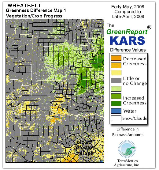 Color-coded Wheat Belt vegetation greeness index map for Period 19 of 2008, illustrating spatial variations in plant vigor, with greener tones indicating higher biomass and browner tones indicating stressed vegetation,
              comparing current crop/vegetation change in biomass to the previous week within the same year.