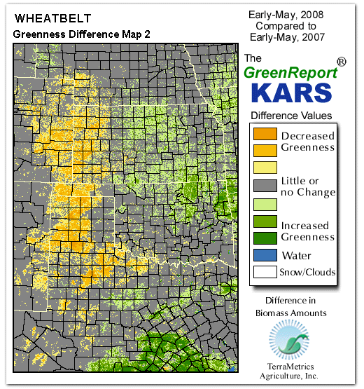 Color-coded Wheat Belt vegetation greeness index map for Period 19 of 2008, illustrating spatial variations in plant vigor, with greener tones indicating higher biomass and browner tones indicating stressed vegetation,
              comparing current crop/vegetation change in biomass to same period from the previous year.