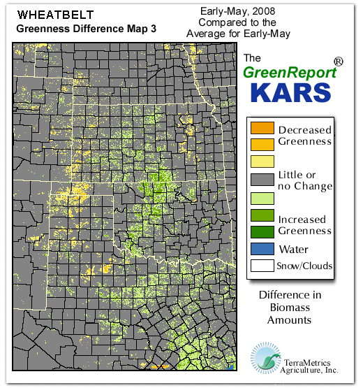Color-coded Wheat Belt vegetation greeness index map for Period 19 of 2008, illustrating spatial variations in plant vigor, with greener tones indicating higher biomass and browner tones indicating stressed vegetation,
              comparing current crop/vegetation change in biomass to the 20-year greenness average.