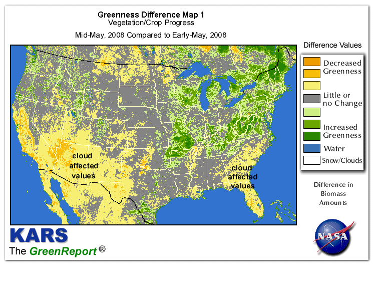Color-coded U.S. vegetation greeness index map for Period 20 of 2008, illustrating spatial variations in plant vigor, with greener tones indicating higher biomass and browner tones indicating stressed vegetation,
              comparing current crop/vegetation change in biomass to the previous week within the same year.