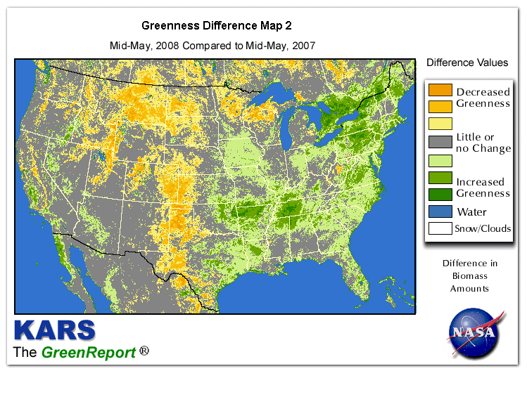 Color-coded U.S. vegetation greeness index map for Period 20 of 2008, illustrating spatial variations in plant vigor, with greener tones indicating higher biomass and browner tones indicating stressed vegetation,
              comparing current crop/vegetation change in biomass to same period from the previous year.