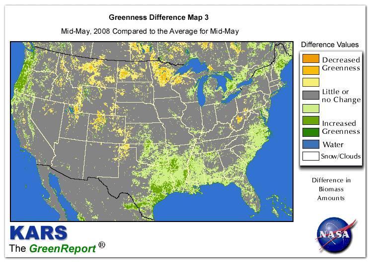 Color-coded U.S. vegetation greeness index map for Period 20 of 2008, illustrating spatial variations in plant vigor, with greener tones indicating higher biomass and browner tones indicating stressed vegetation,
              comparing current crop/vegetation change in biomass to the 20-year greenness average.