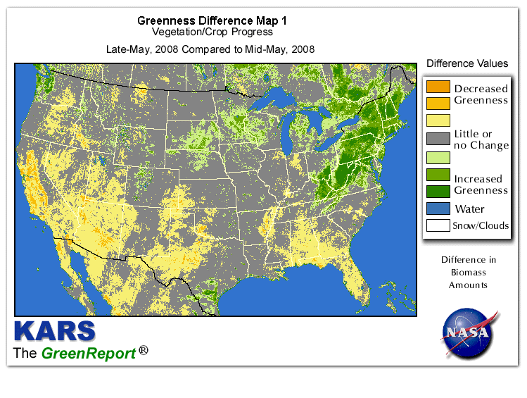 Color-coded U.S. vegetation greeness index map for Period 21 of 2008, illustrating spatial variations in plant vigor, with greener tones indicating higher biomass and browner tones indicating stressed vegetation,
              comparing current crop/vegetation change in biomass to the previous week within the same year.