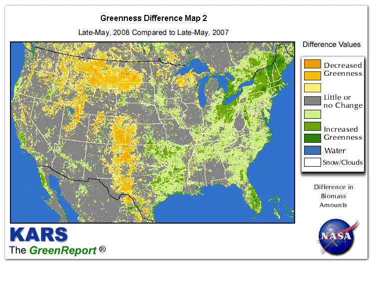 Color-coded U.S. vegetation greeness index map for Period 21 of 2008, illustrating spatial variations in plant vigor, with greener tones indicating higher biomass and browner tones indicating stressed vegetation,
              comparing current crop/vegetation change in biomass to same period from the previous year.