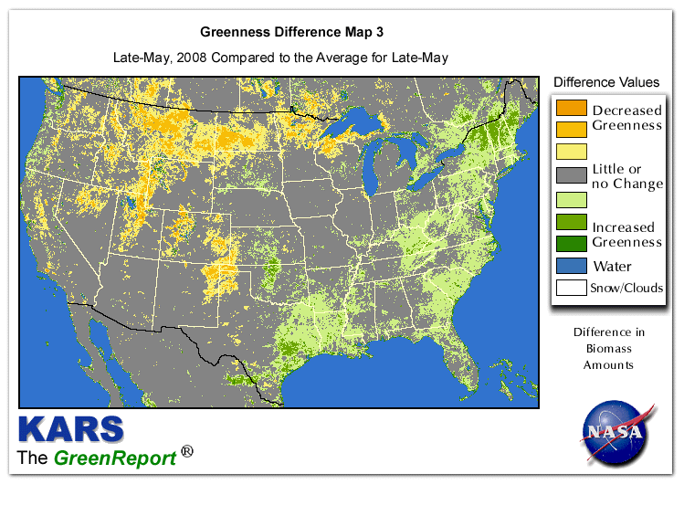 Color-coded U.S. vegetation greeness index map for Period 21 of 2008, illustrating spatial variations in plant vigor, with greener tones indicating higher biomass and browner tones indicating stressed vegetation,
              comparing current crop/vegetation change in biomass to the 20-year greenness average.