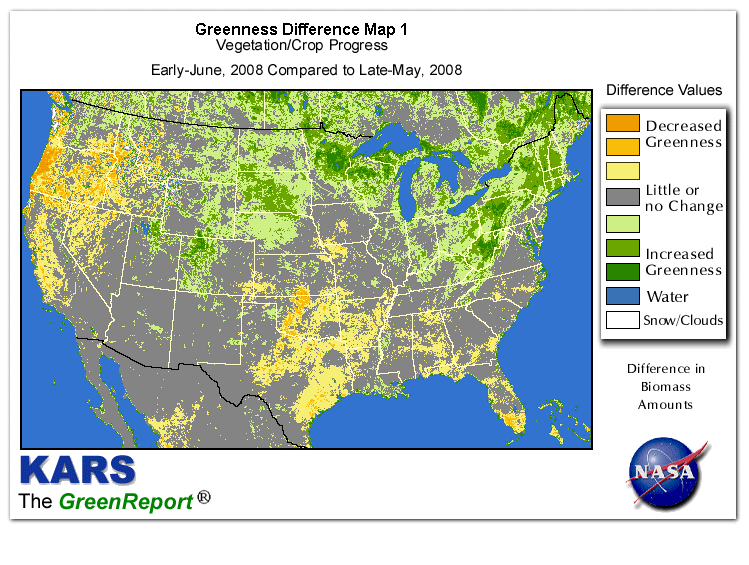 Color-coded U.S. vegetation greeness index map for Period 22 of 2008, illustrating spatial variations in plant vigor, with greener tones indicating higher biomass and browner tones indicating stressed vegetation,
              comparing current crop/vegetation change in biomass to the previous week within the same year.