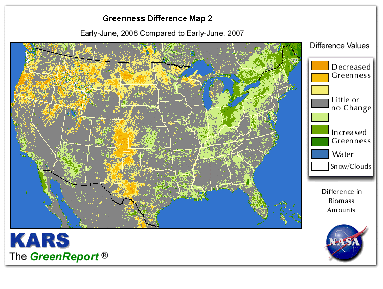 Color-coded U.S. vegetation greeness index map for Period 22 of 2008, illustrating spatial variations in plant vigor, with greener tones indicating higher biomass and browner tones indicating stressed vegetation,
              comparing current crop/vegetation change in biomass to same period from the previous year.