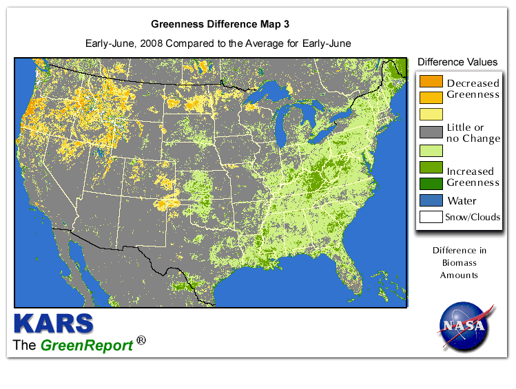Color-coded U.S. vegetation greeness index map for Period 22 of 2008, illustrating spatial variations in plant vigor, with greener tones indicating higher biomass and browner tones indicating stressed vegetation,
              comparing current crop/vegetation change in biomass to the 20-year greenness average.