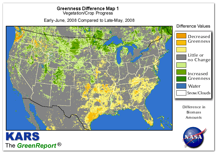 Color-coded U.S. vegetation greeness index map for Period 23 of 2008, illustrating spatial variations in plant vigor, with greener tones indicating higher biomass and browner tones indicating stressed vegetation,
              comparing current crop/vegetation change in biomass to the previous week within the same year.