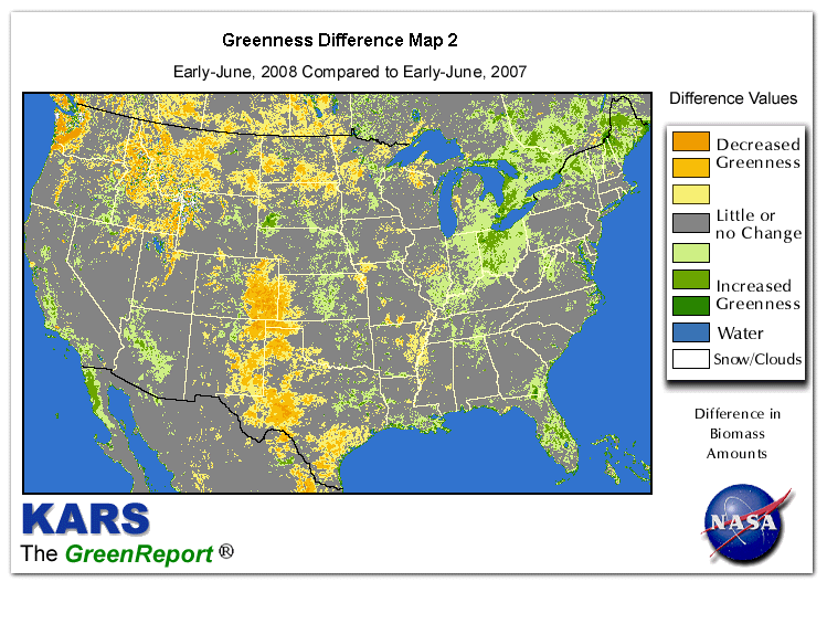 Color-coded U.S. vegetation greeness index map for Period 23 of 2008, illustrating spatial variations in plant vigor, with greener tones indicating higher biomass and browner tones indicating stressed vegetation,
              comparing current crop/vegetation change in biomass to same period from the previous year.