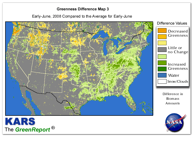 Color-coded U.S. vegetation greeness index map for Period 23 of 2008, illustrating spatial variations in plant vigor, with greener tones indicating higher biomass and browner tones indicating stressed vegetation,
              comparing current crop/vegetation change in biomass to the 20-year greenness average.