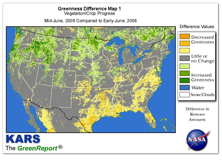 Color-coded U.S. vegetation greeness index map for Period 24 of 2008, illustrating spatial variations in plant vigor, with greener tones indicating higher biomass and browner tones indicating stressed vegetation,
              comparing current crop/vegetation change in biomass to the previous week within the same year.