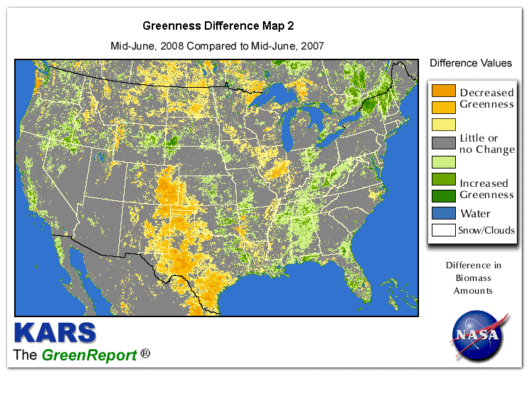 Color-coded U.S. vegetation greeness index map for Period 24 of 2008, illustrating spatial variations in plant vigor, with greener tones indicating higher biomass and browner tones indicating stressed vegetation,
              comparing current crop/vegetation change in biomass to same period from the previous year.