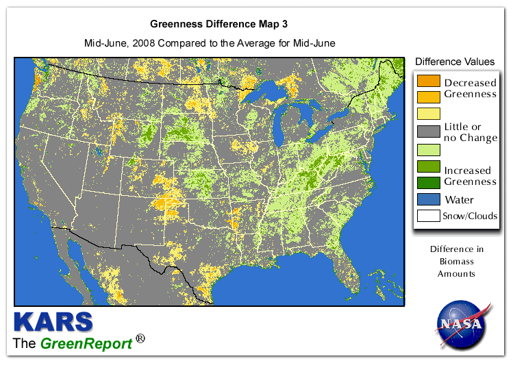 Color-coded U.S. vegetation greeness index map for Period 24 of 2008, illustrating spatial variations in plant vigor, with greener tones indicating higher biomass and browner tones indicating stressed vegetation,
              comparing current crop/vegetation change in biomass to the 20-year greenness average.