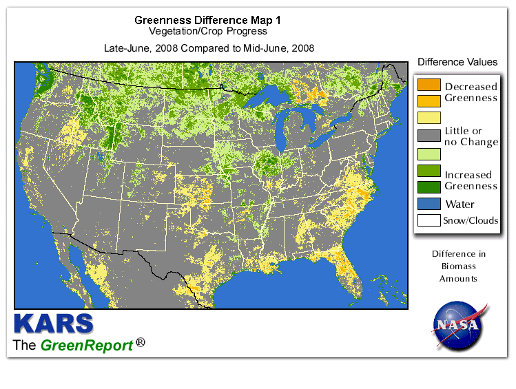 Color-coded U.S. vegetation greeness index map for Period 25 of 2008, illustrating spatial variations in plant vigor, with greener tones indicating higher biomass and browner tones indicating stressed vegetation,
              comparing current crop/vegetation change in biomass to the previous week within the same year.