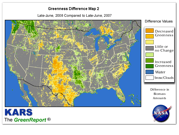 Color-coded U.S. vegetation greeness index map for Period 25 of 2008, illustrating spatial variations in plant vigor, with greener tones indicating higher biomass and browner tones indicating stressed vegetation,
              comparing current crop/vegetation change in biomass to same period from the previous year.