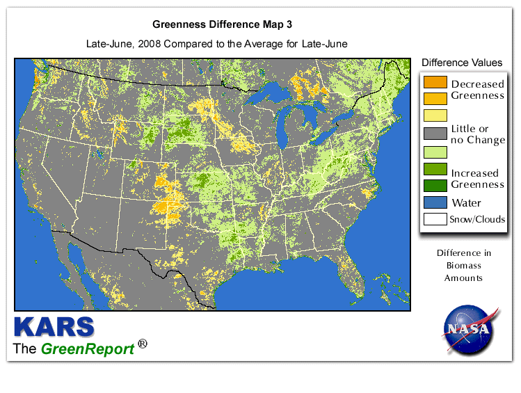 Color-coded U.S. vegetation greeness index map for Period 25 of 2008, illustrating spatial variations in plant vigor, with greener tones indicating higher biomass and browner tones indicating stressed vegetation,
              comparing current crop/vegetation change in biomass to the 20-year greenness average.