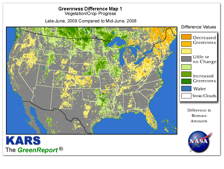 Color-coded U.S. vegetation greeness index map for Period 26 of 2008, illustrating spatial variations in plant vigor, with greener tones indicating higher biomass and browner tones indicating stressed vegetation,
              comparing current crop/vegetation change in biomass to the previous week within the same year.