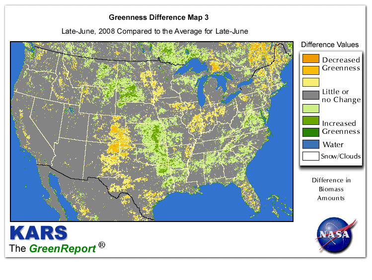 Color-coded U.S. vegetation greeness index map for Period 26 of 2008, illustrating spatial variations in plant vigor, with greener tones indicating higher biomass and browner tones indicating stressed vegetation,
              comparing current crop/vegetation change in biomass to the 20-year greenness average.
