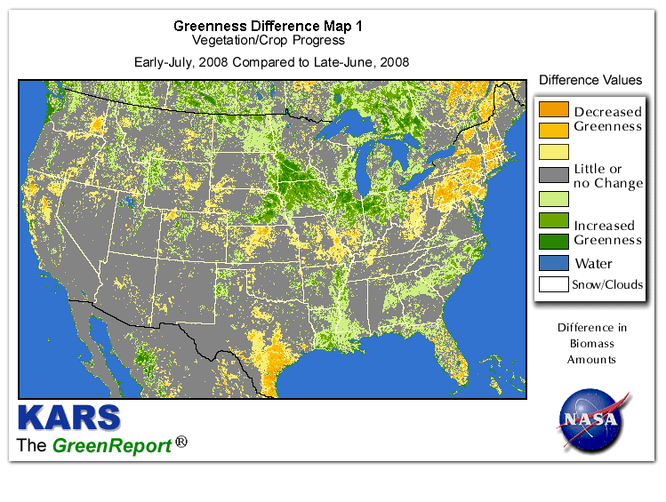 Color-coded U.S. vegetation greeness index map for Period 27 of 2008, illustrating spatial variations in plant vigor, with greener tones indicating higher biomass and browner tones indicating stressed vegetation,
              comparing current crop/vegetation change in biomass to the previous week within the same year.