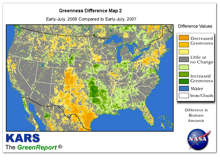 Color-coded U.S. vegetation greeness index map for Period 27 of 2008, illustrating spatial variations in plant vigor, with greener tones indicating higher biomass and browner tones indicating stressed vegetation,
              comparing current crop/vegetation change in biomass to same period from the previous year.