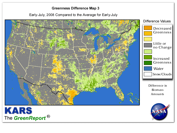 Color-coded U.S. vegetation greeness index map for Period 27 of 2008, illustrating spatial variations in plant vigor, with greener tones indicating higher biomass and browner tones indicating stressed vegetation,
              comparing current crop/vegetation change in biomass to the 20-year greenness average.