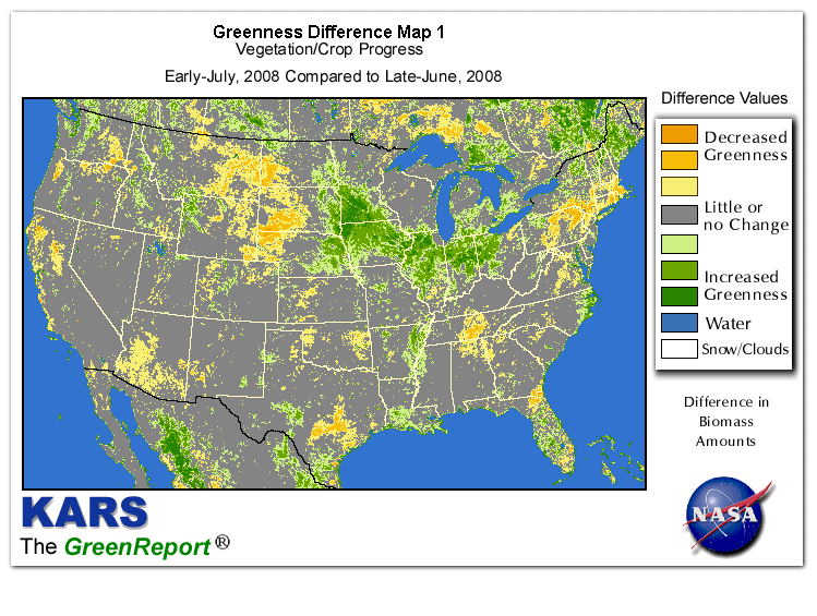 Color-coded U.S. vegetation greeness index map for Period 28 of 2008, illustrating spatial variations in plant vigor, with greener tones indicating higher biomass and browner tones indicating stressed vegetation,
              comparing current crop/vegetation change in biomass to the previous week within the same year.