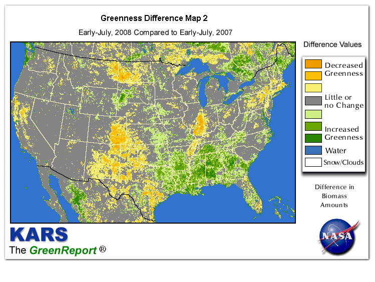 Color-coded U.S. vegetation greeness index map for Period 28 of 2008, illustrating spatial variations in plant vigor, with greener tones indicating higher biomass and browner tones indicating stressed vegetation,
              comparing current crop/vegetation change in biomass to same period from the previous year.