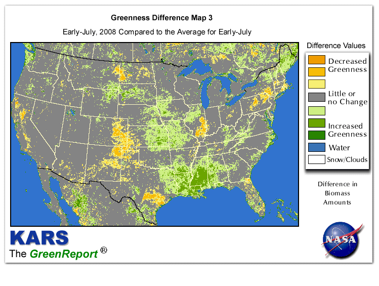 Color-coded U.S. vegetation greeness index map for Period 28 of 2008, illustrating spatial variations in plant vigor, with greener tones indicating higher biomass and browner tones indicating stressed vegetation,
              comparing current crop/vegetation change in biomass to the 20-year greenness average.