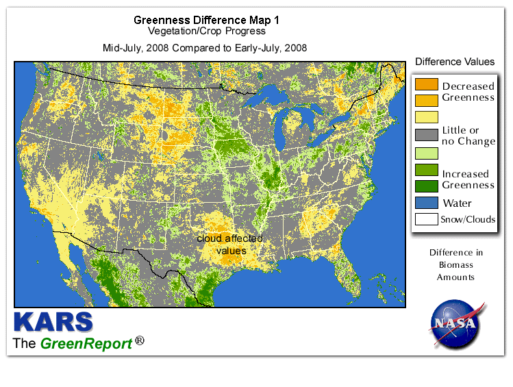 Color-coded U.S. vegetation greeness index map for Period 29 of 2008, illustrating spatial variations in plant vigor, with greener tones indicating higher biomass and browner tones indicating stressed vegetation,
              comparing current crop/vegetation change in biomass to the previous week within the same year.