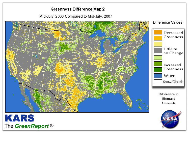 Color-coded U.S. vegetation greeness index map for Period 29 of 2008, illustrating spatial variations in plant vigor, with greener tones indicating higher biomass and browner tones indicating stressed vegetation,
              comparing current crop/vegetation change in biomass to same period from the previous year.