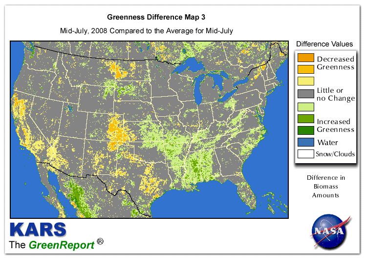 Color-coded U.S. vegetation greeness index map for Period 29 of 2008, illustrating spatial variations in plant vigor, with greener tones indicating higher biomass and browner tones indicating stressed vegetation,
              comparing current crop/vegetation change in biomass to the 20-year greenness average.