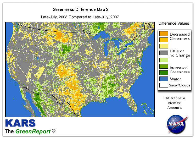 Color-coded U.S. vegetation greeness index map for Period 30 of 2008, illustrating spatial variations in plant vigor, with greener tones indicating higher biomass and browner tones indicating stressed vegetation,
              comparing current crop/vegetation change in biomass to same period from the previous year.