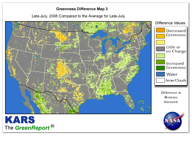Color-coded U.S. vegetation greeness index map for Period 30 of 2008, illustrating spatial variations in plant vigor, with greener tones indicating higher biomass and browner tones indicating stressed vegetation,
              comparing current crop/vegetation change in biomass to the 20-year greenness average.