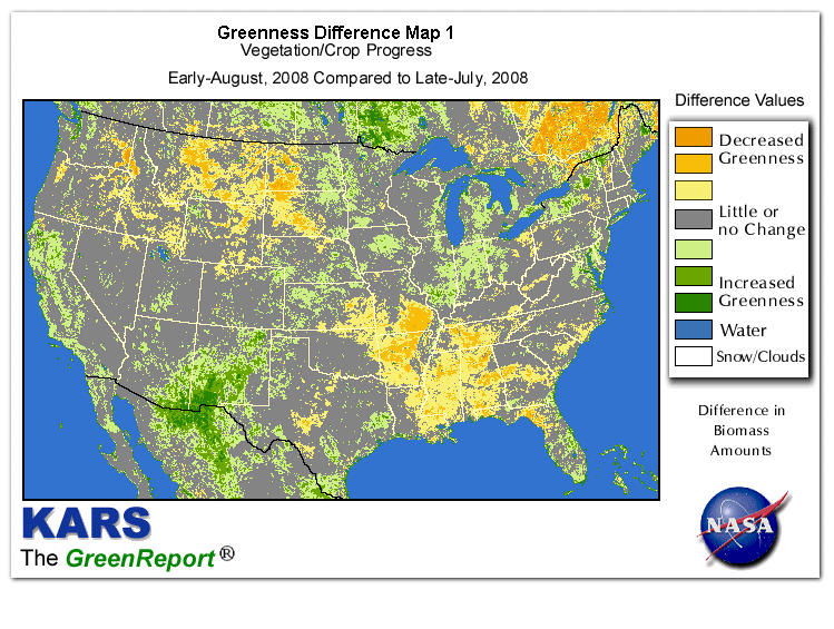 Color-coded U.S. vegetation greeness index map for Period 31 of 2008, illustrating spatial variations in plant vigor, with greener tones indicating higher biomass and browner tones indicating stressed vegetation,
              comparing current crop/vegetation change in biomass to the previous week within the same year.