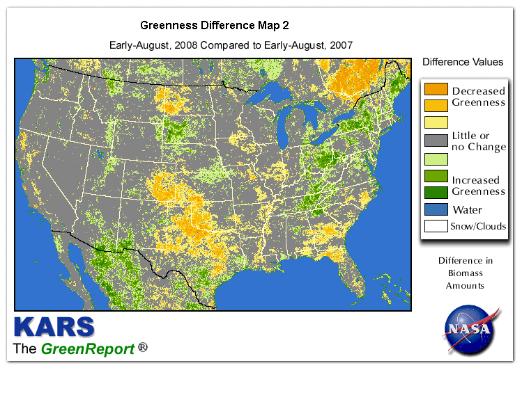 Color-coded U.S. vegetation greeness index map for Period 31 of 2008, illustrating spatial variations in plant vigor, with greener tones indicating higher biomass and browner tones indicating stressed vegetation,
              comparing current crop/vegetation change in biomass to same period from the previous year.