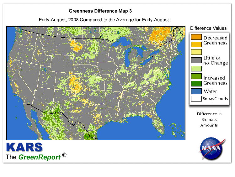 Color-coded U.S. vegetation greeness index map for Period 31 of 2008, illustrating spatial variations in plant vigor, with greener tones indicating higher biomass and browner tones indicating stressed vegetation,
              comparing current crop/vegetation change in biomass to the 20-year greenness average.