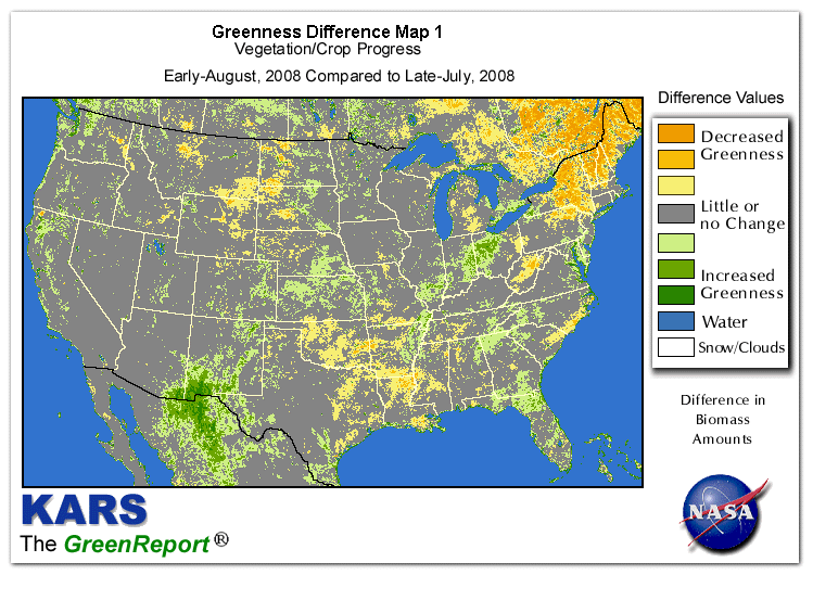 Color-coded U.S. vegetation greeness index map for Period 32 of 2008, illustrating spatial variations in plant vigor, with greener tones indicating higher biomass and browner tones indicating stressed vegetation,
              comparing current crop/vegetation change in biomass to the previous week within the same year.
