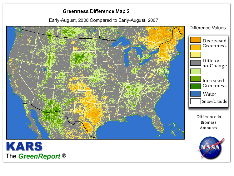 Color-coded U.S. vegetation greeness index map for Period 32 of 2008, illustrating spatial variations in plant vigor, with greener tones indicating higher biomass and browner tones indicating stressed vegetation,
              comparing current crop/vegetation change in biomass to same period from the previous year.