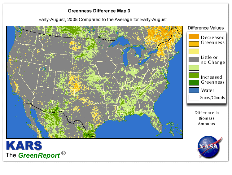 Color-coded U.S. vegetation greeness index map for Period 32 of 2008, illustrating spatial variations in plant vigor, with greener tones indicating higher biomass and browner tones indicating stressed vegetation,
              comparing current crop/vegetation change in biomass to the 20-year greenness average.