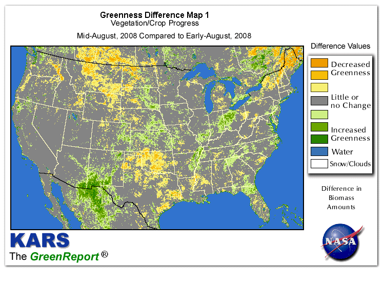 Color-coded U.S. vegetation greeness index map for Period 33 of 2008, illustrating spatial variations in plant vigor, with greener tones indicating higher biomass and browner tones indicating stressed vegetation,
              comparing current crop/vegetation change in biomass to the previous week within the same year.