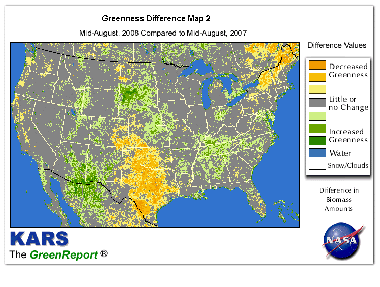 Color-coded U.S. vegetation greeness index map for Period 33 of 2008, illustrating spatial variations in plant vigor, with greener tones indicating higher biomass and browner tones indicating stressed vegetation,
              comparing current crop/vegetation change in biomass to same period from the previous year.