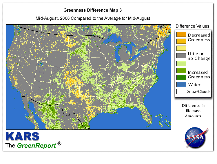 Color-coded U.S. vegetation greeness index map for Period 33 of 2008, illustrating spatial variations in plant vigor, with greener tones indicating higher biomass and browner tones indicating stressed vegetation,
              comparing current crop/vegetation change in biomass to the 20-year greenness average.